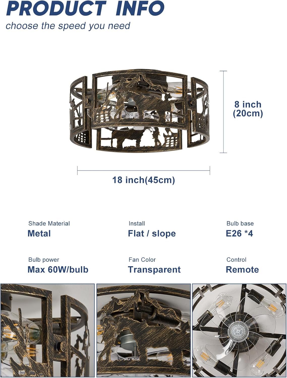 18'Rustic Caged Ceiling Fans with Light and Remote Control, Black Gold Farmhouse Ceiling Fan with Western Cowboy and Horse Design, Flush Mount Low Profile Fandelier for Bedroom, Living Room,Foyer