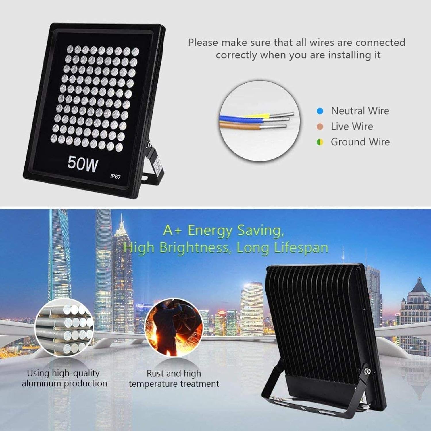 Solar Flood Lights Floodlight,50W Warm White LED Floodlight, Outdoor Wall Spotlight, 5000Lm,Spotlight for Garden, Garage, Ip67 Waterproof