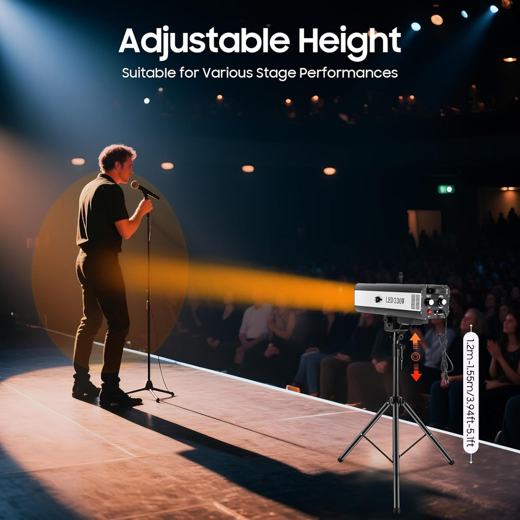 Stage Spotlight, 330W LED Follow Stage Spot Light with Stand 6 Colors Adjustable Aperture 4 Light Paths Manual Control Professional Focused Lamp 98.4ft Range for Theaters Disco Party (330W)