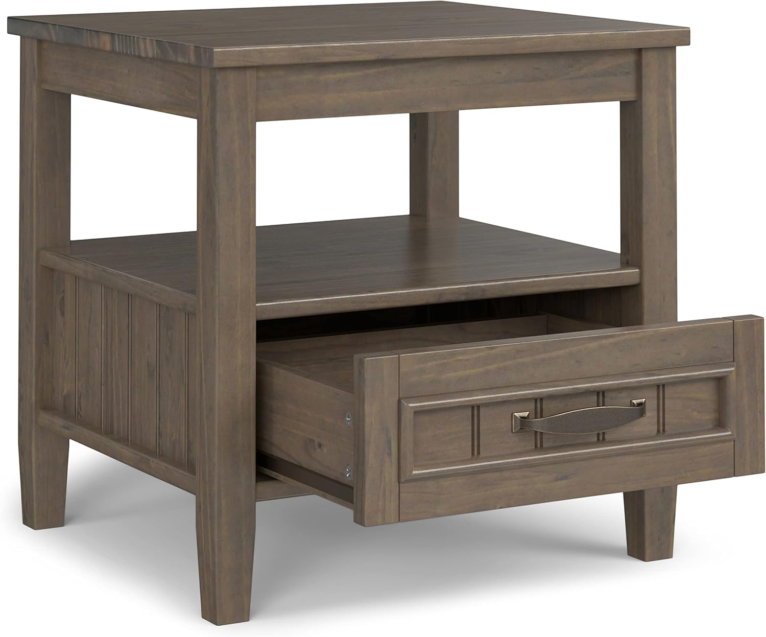 SIMPLIHOME Lev End Table - 20 inch Wide Solid Wood Accent Table with Bottom Storage Drawer and Open Shelf in Smoky Brown, Transitional Nightstand or Lamp Stand for Living Room or Bedroom
