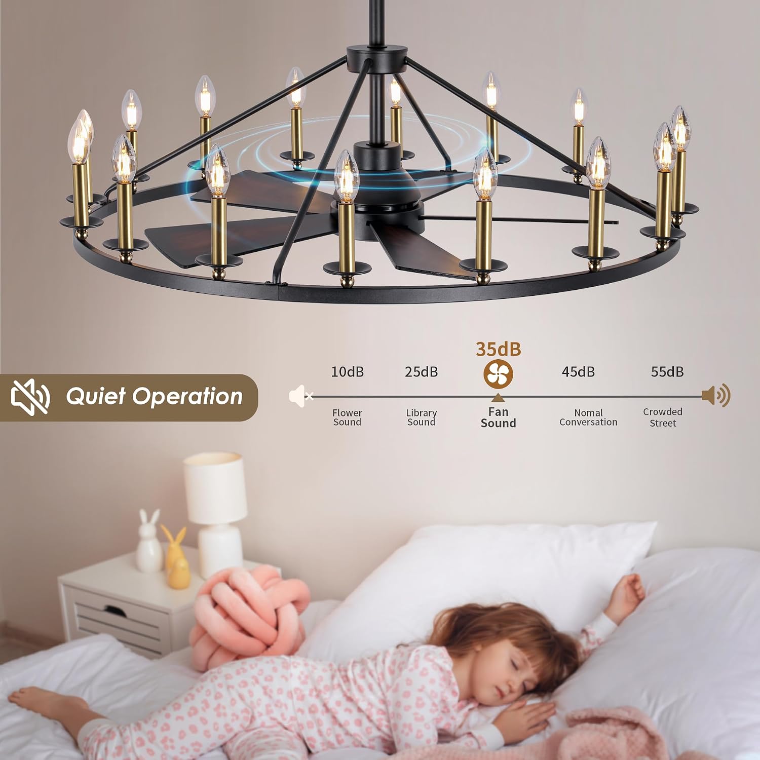 44' Wagon Wheel Chandelier with Fans, Black and Gold Wagon Wheel Ceiling Fan with 16-Light and Remote, Farmhouse Chandelier for Living Room, Adjustable Height, 6-Speed Reversible Quiet Large Fandelier