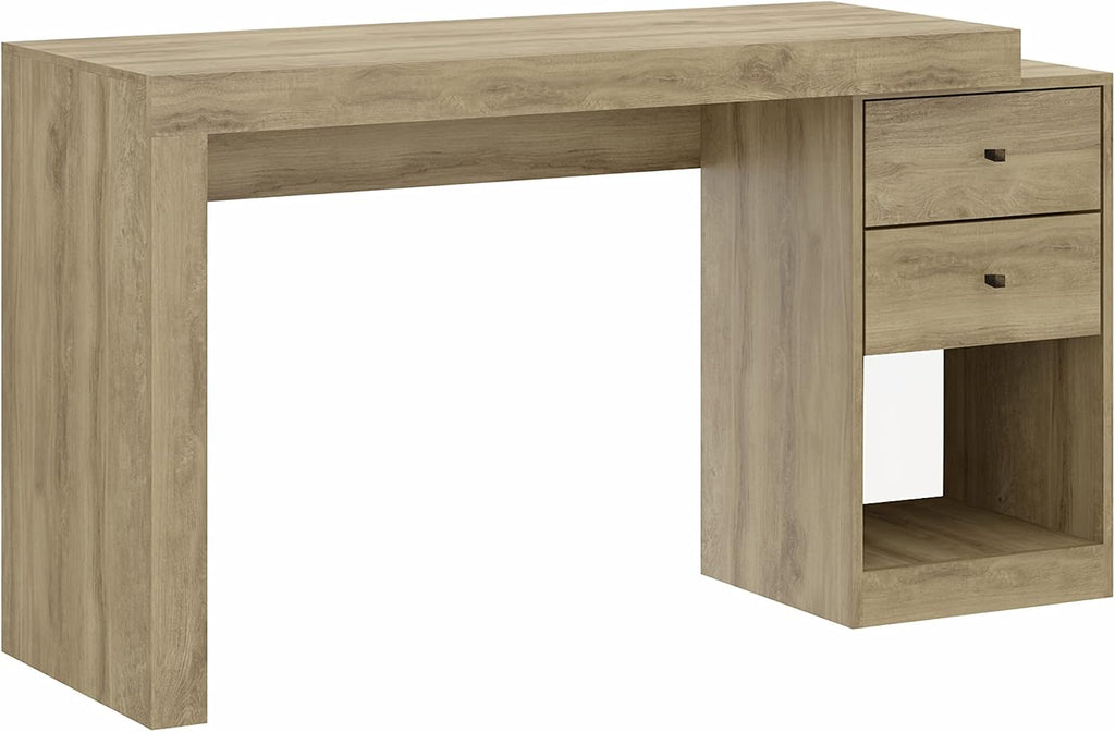 Expandable Desk with Storage Drawers & Open Shelf - Expands from 47 Inch to 57 Inch - Pine Computer Desk with Printer Space - Modern Home Office Table with Drawers - Techni Mobili Blanco Collection