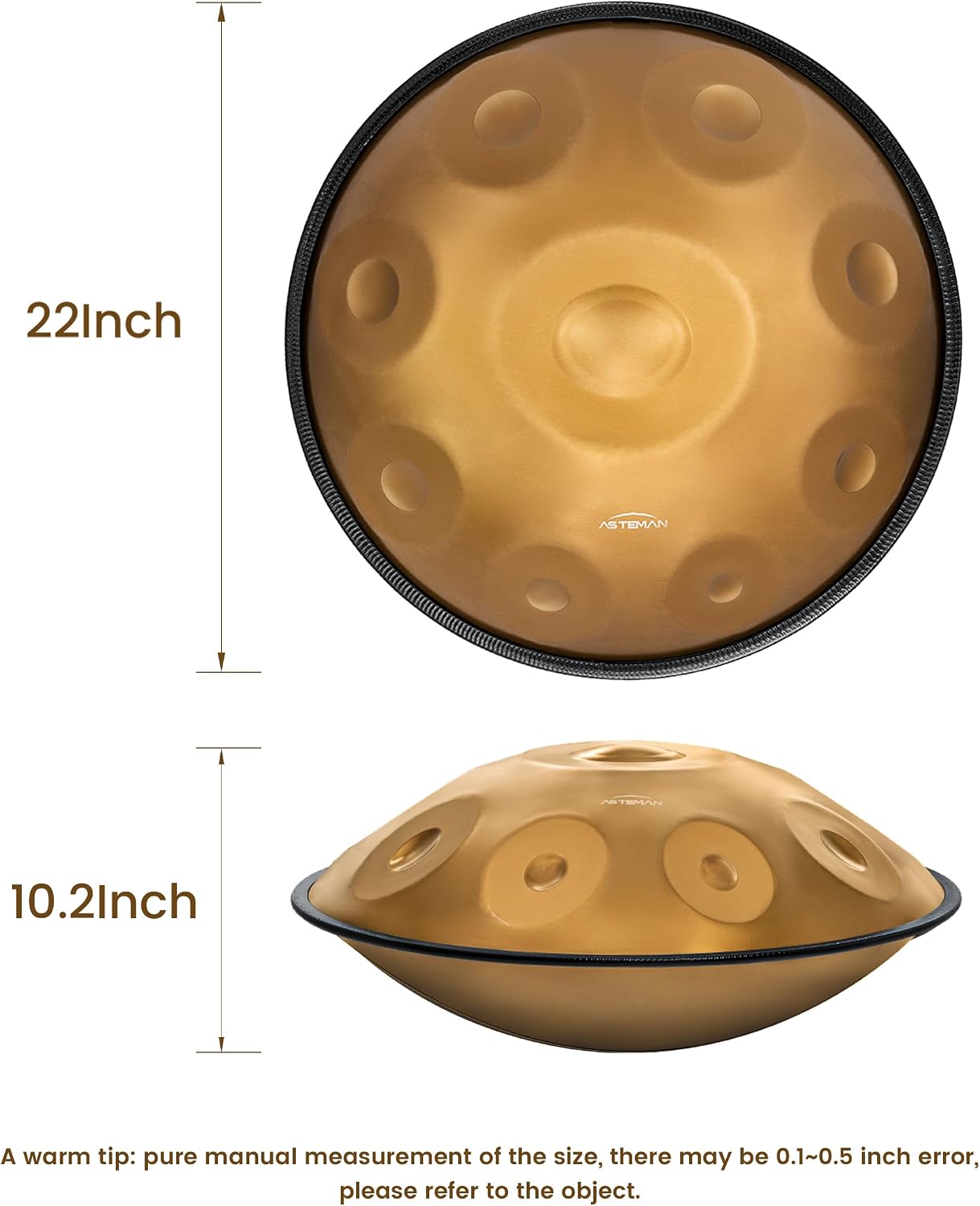 AS TEMAN HANDPAN, Handpan drum instrument in D Minor 9 Notes 440hz 22 inches Steel Hand Drum with Soft Hand Pan Bag, 2 handpan mallet,Handpan Stand,dust-free cloth,gold