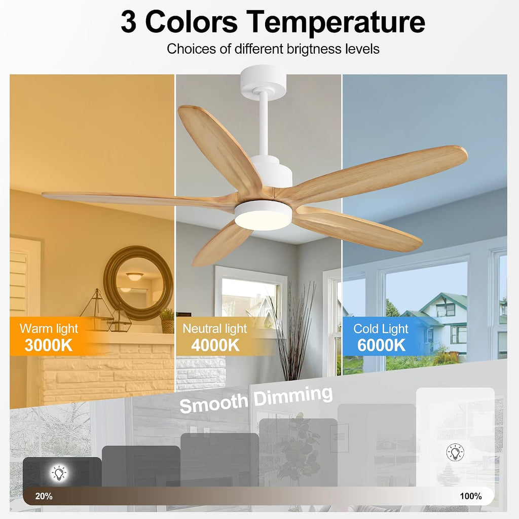 WINGBO 54' Ceiling Fan with Light - 5 Carved Solid Wood Blades, 6-Speed Reversible DC Motor, Dimmable, 3CCT, Noiseless Remote Control Ceiling Fans with Lights for Bedroom Living Room, White and Oak
