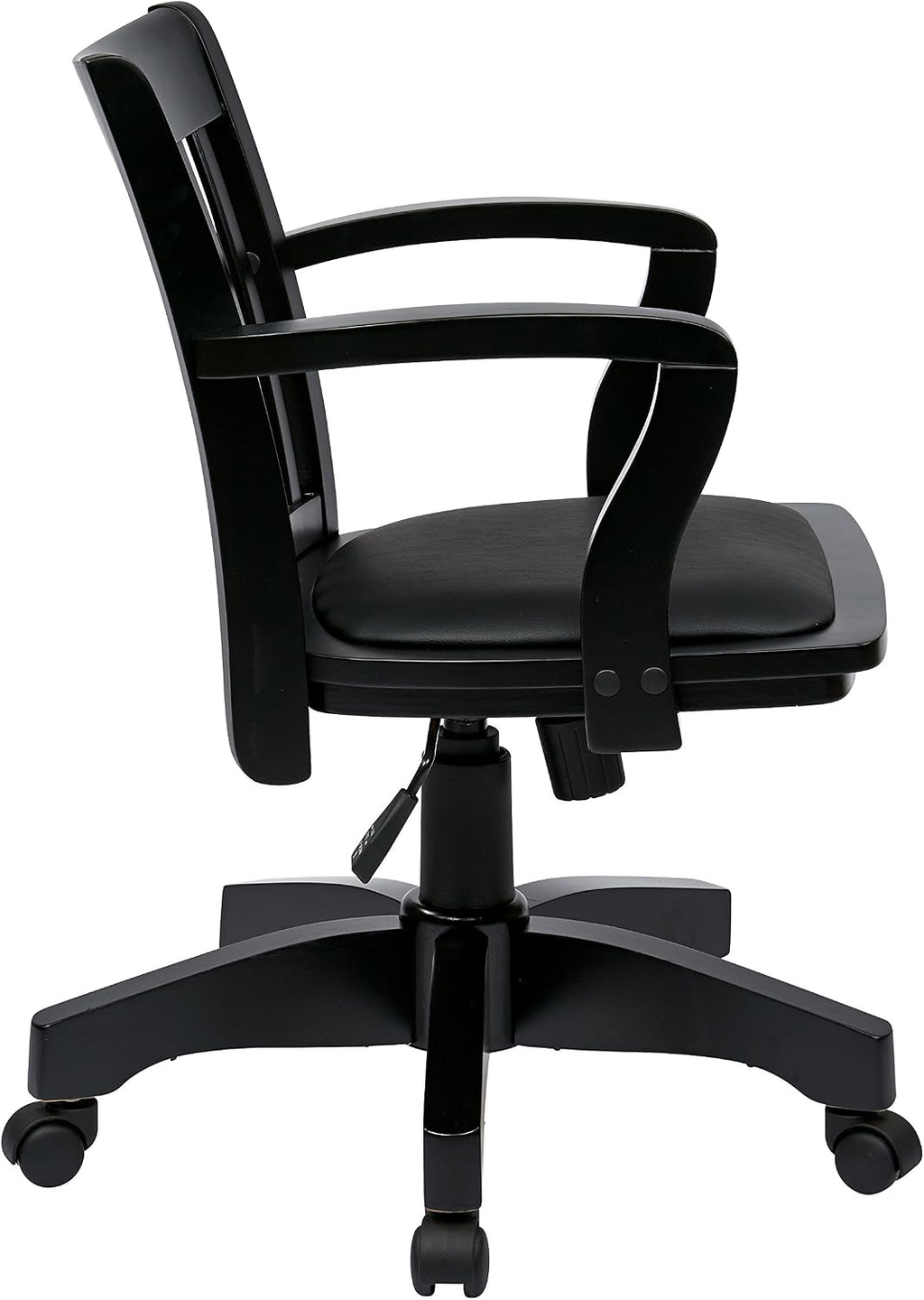 OSP Home Furnishings Deluxe Wood Banker's Desk Chair with Padded Seat, Adjustable Height and Locking Tilt, Black Finish and Black Vinyl
