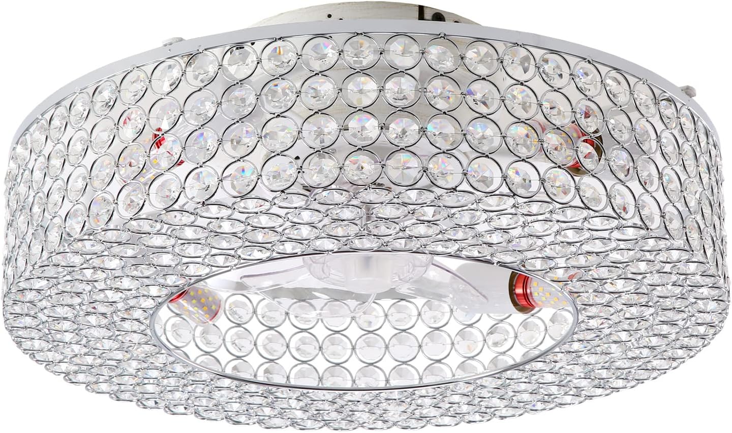 Modern Crystal Ceiling Fan with Light Remote Control, 19.6 Inch Enclosed Bedroom Fan with Lights, 6-Speed Quiet reversible motor, Flush Mount Fandelier for Low Ceiling, Living Room, Dining Room