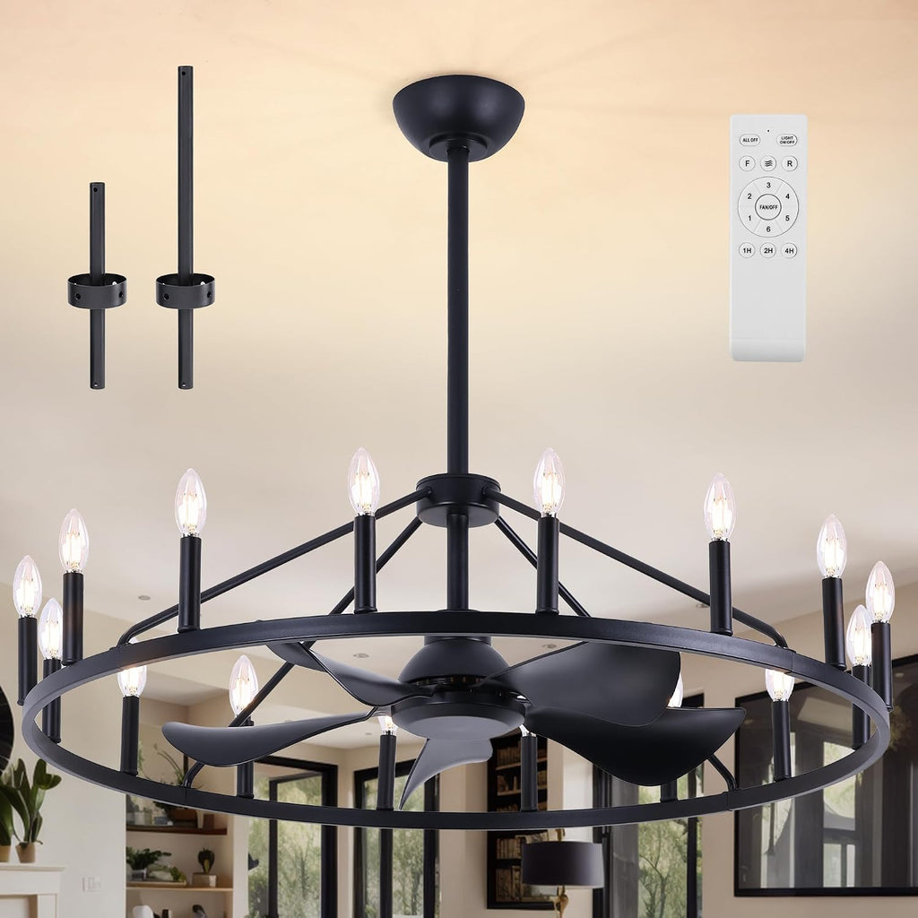 Farmhouse Chandelier Ceiling Fan with Light and Remote, 16-Lights Large Wagon Wheel Fandelier with Candle for Living Room,Rustic Black Fan with Big Light Fixture for Loft