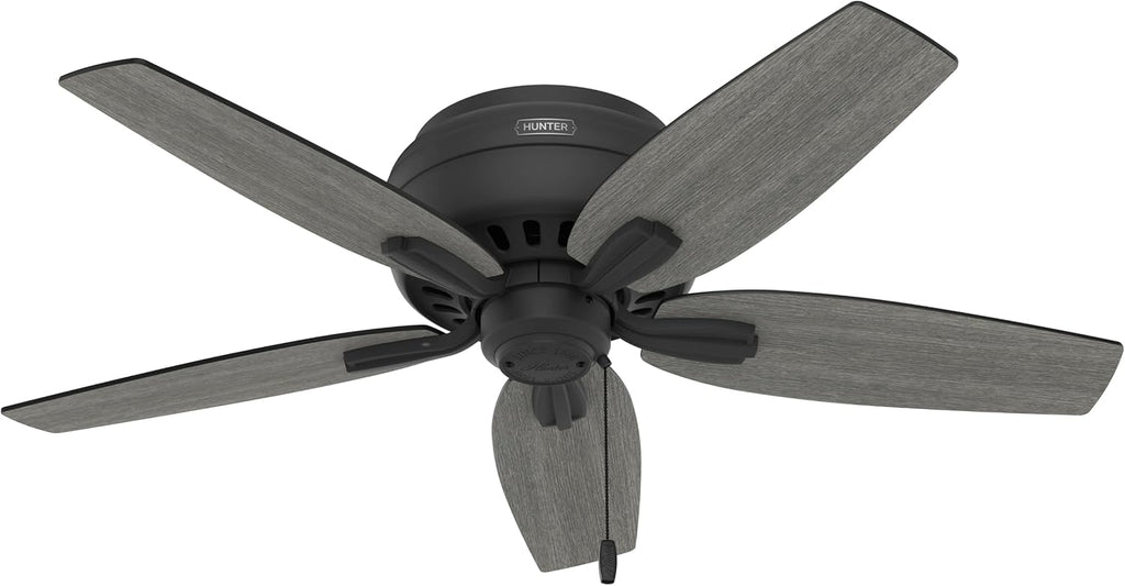Hunter 42 inch Indoor Ceiling Fan with LED Lights - Black Ceiling Fan with Pull Chain, For Bedroom or Living Room, Low Profile Flush Mount, No Remote, 5 Blades - Newsome 52393, Matte Black