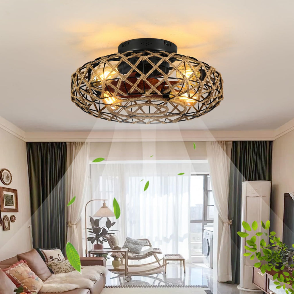 20''Rustic Hemp Rope Caged Ceiling Fans with Lights and Remote Hand-Woven Rattan Flush Mount Ceiling Fan with Light Farmhouse Boho Include Bulbs 6 Speeds Reversible for Bedroom,Kitchen Island