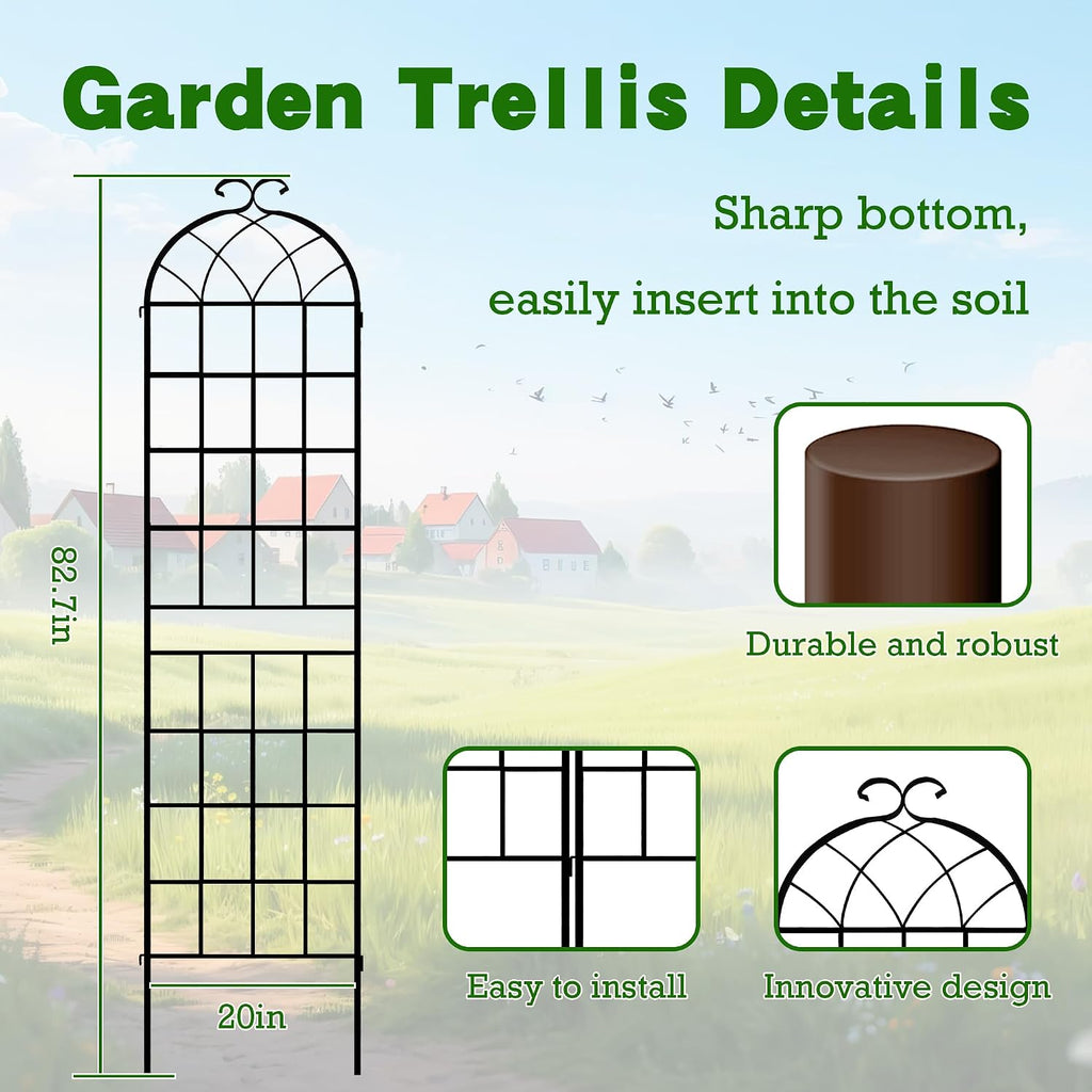 LZRS 4 Pack 83x20in Rustic Iron Arch Decoration Garden Trellis with Black Metal Coating – Perfect for Supporting Climbing Plants Outdoor, Roses, Vines, Flowers, and Vegetables.