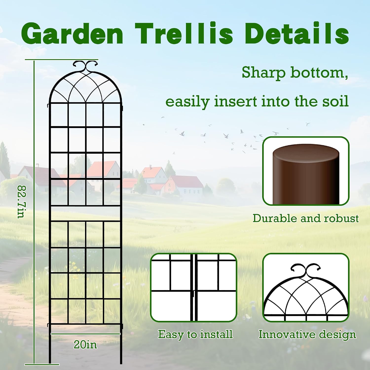 LZRS 4 Pack 83x20in Rustic Iron Arch Decoration Garden Trellis with Black Metal Coating – Perfect for Supporting Climbing Plants Outdoor, Roses, Vines, Flowers, and Vegetables.