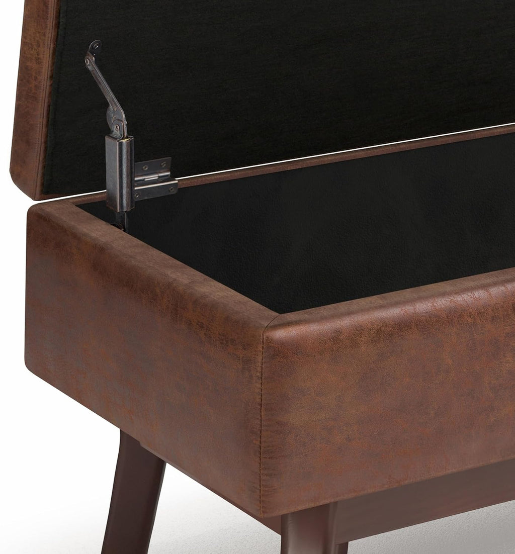 SIMPLIHOME Owen Small Rectangular Storage Ottoman - 36 inch Wide Upholstered Vegan Leather Lift-Top Ottoman in Distressed Saddle Brown, Mid-Century Modern Ottoman for Living Room with Tufted Detail