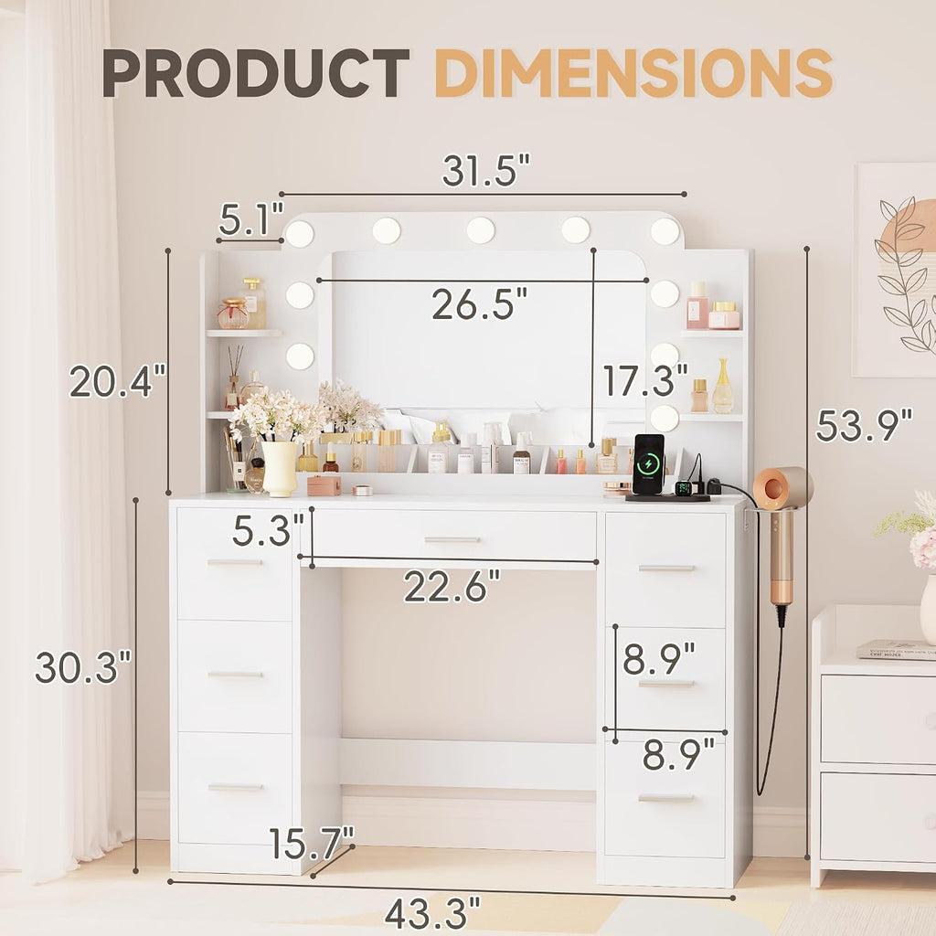 YESHOMY Vanity Desk with Large Lighted Mirror, Power Outlet and 11 Lights, Makeup Table with 7 Drawers and 3 Desktup Storage Units, 3 Color Modes Available for Bedroom, Snow White