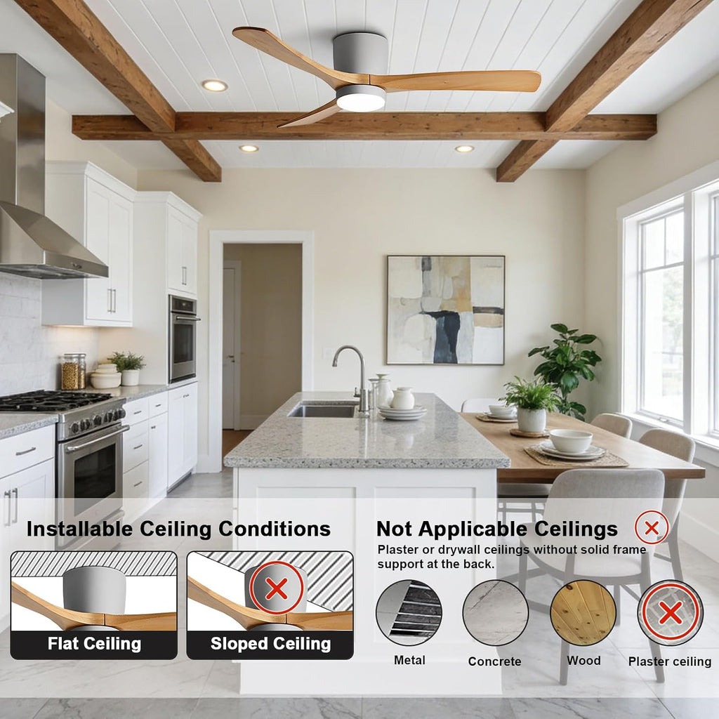 48' Quiet Ceiling Fan with LED Lights - 6 Speed Remote, 3 Color Temperatures, Modern Wood Flush Mount Ceiling Fans for Bedroom, Living Room, Dining Room