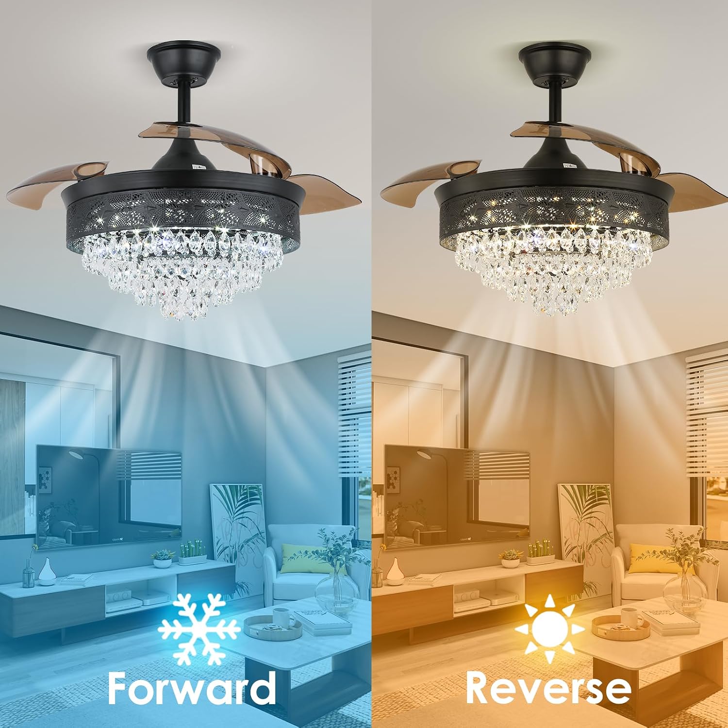 42' Black Crystal Fandelier Dimmable LED Ceiling Fan with Lights Retractable Blades 3 Color with Memory Quiet Reversible 6 Speeds Timer for Bedroom Living Room Dining Room