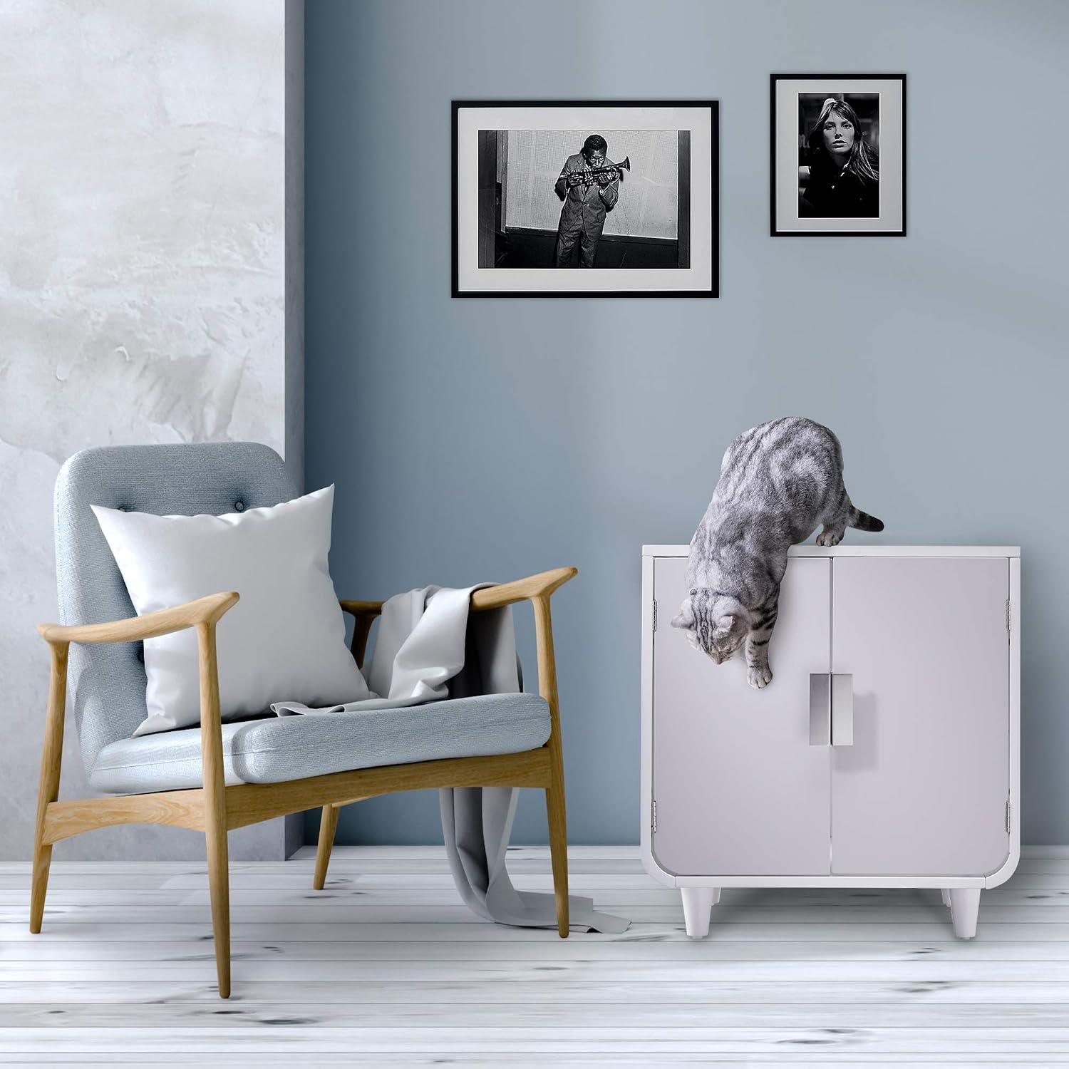 Staart Dyad Cat Litter Box Enclosure and Furniture Hidden Cat Home Side Table Nightstand Indoor Pet Crate Alpine White