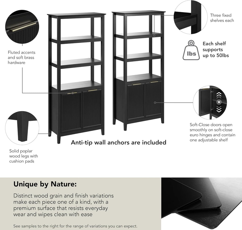 Bush Home Fluted 5 Shelf Bookcase with Doors - Set of 2, Living Room Furniture, Camille Collection, Onyx Birch Black
