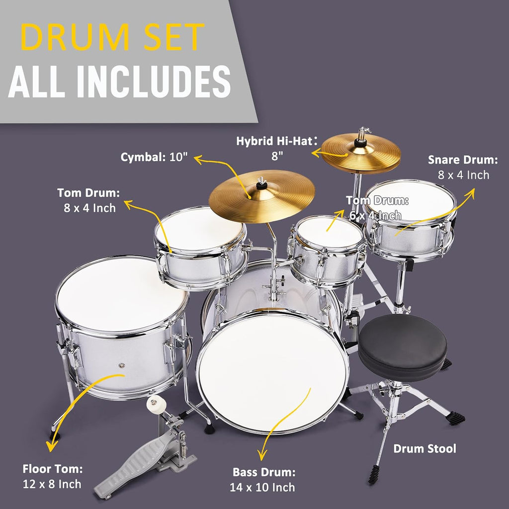 Ktaxon 5-Piece Complete Junior Drums Set, 14 Inch Beginners Drum Kit with Throne Stool, Pedal & Drumsticks, Drums Musical Instruments W/Cymbal, Hi-Hat, Floor, Tom and Snare Drum (Silver)