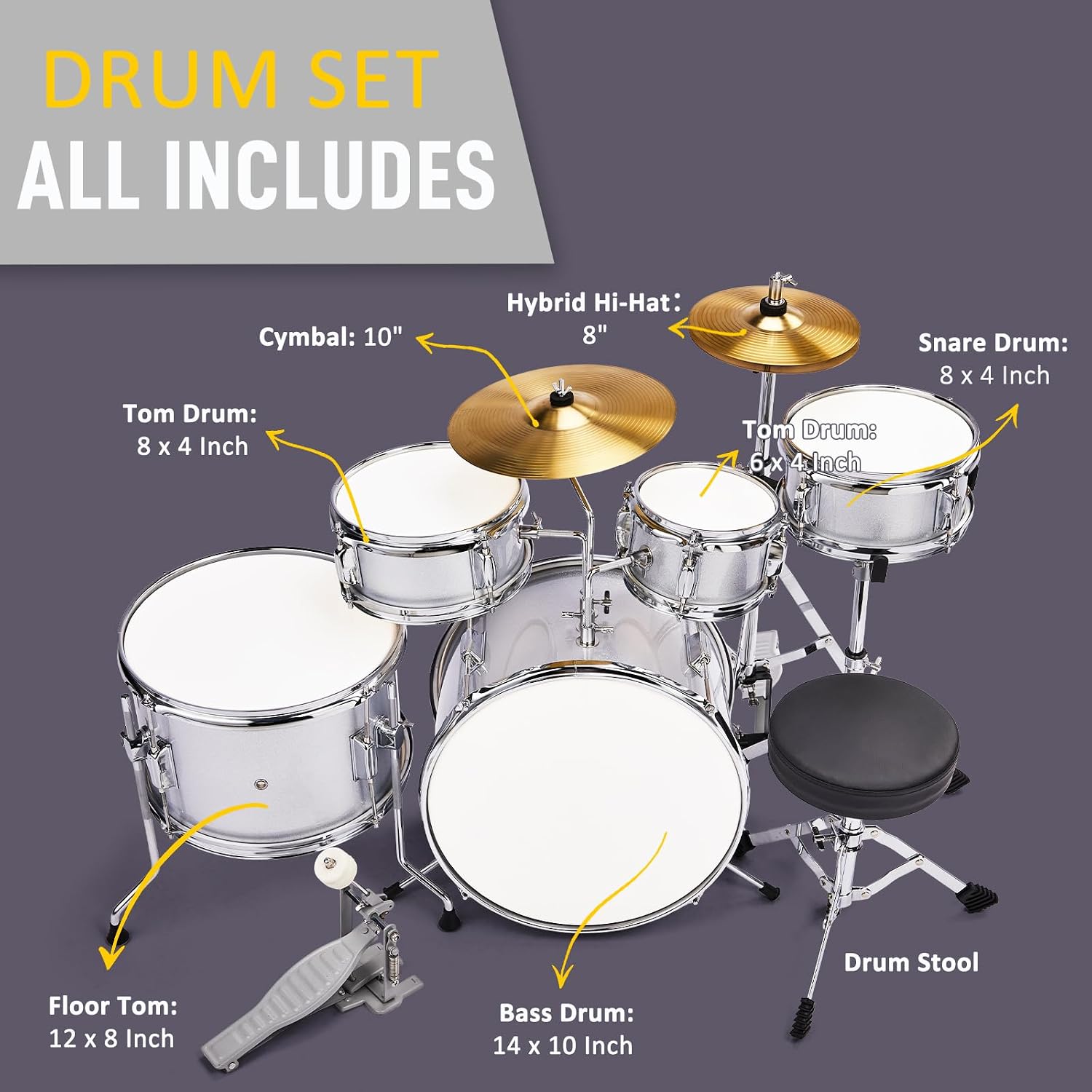 Ktaxon 5-Piece Complete Junior Drums Set, 14 Inch Beginners Drum Kit with Throne Stool, Pedal & Drumsticks, Drums Musical Instruments W/Cymbal, Hi-Hat, Floor, Tom and Snare Drum (Silver)