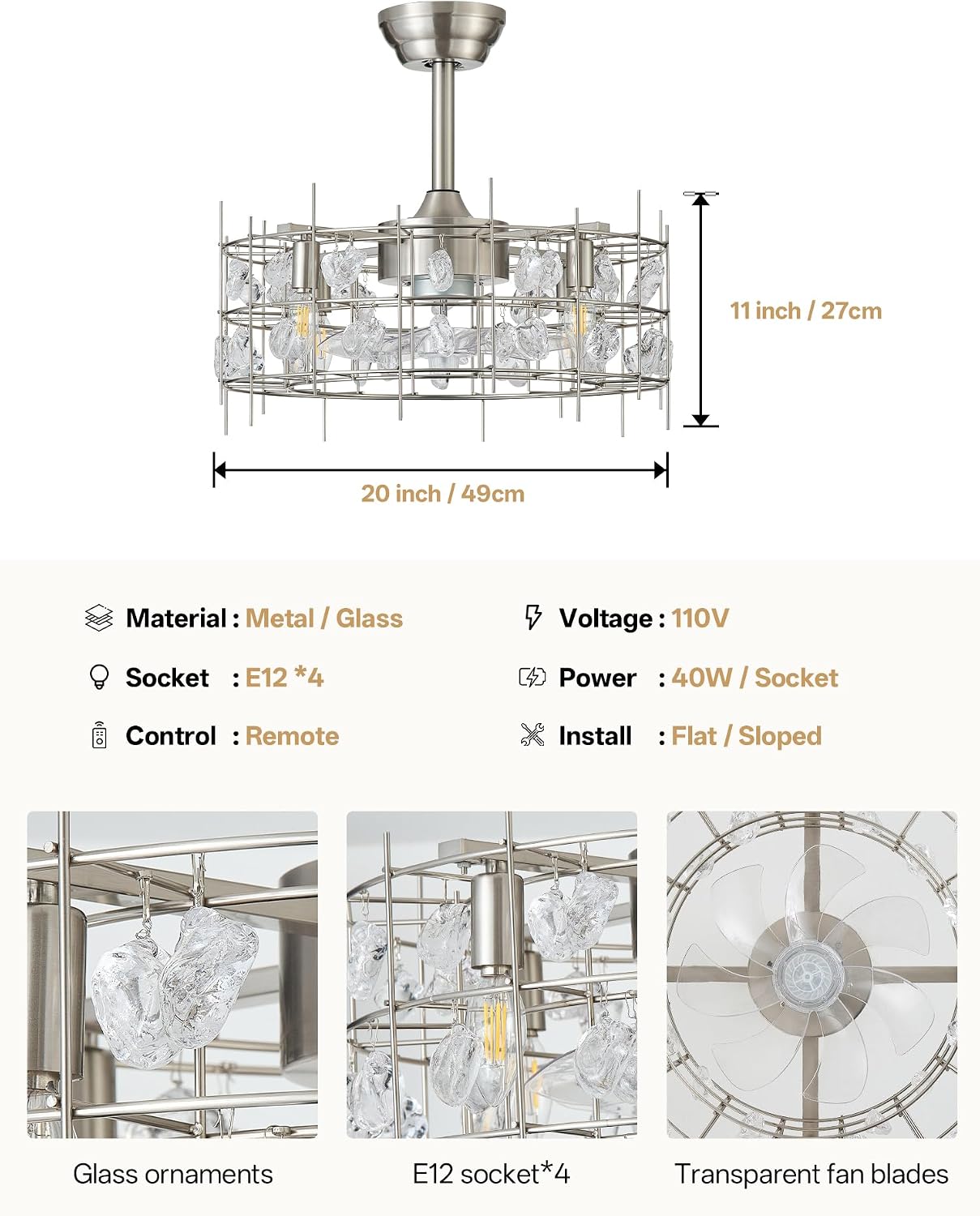 20' Silver Crystal Chandelier Ceiling Fans, Silver Crystal Fandelier Ceiling Fan with Lights Caged, Remote Control 6 Speed for Living Room, Bedroom, Dining Room