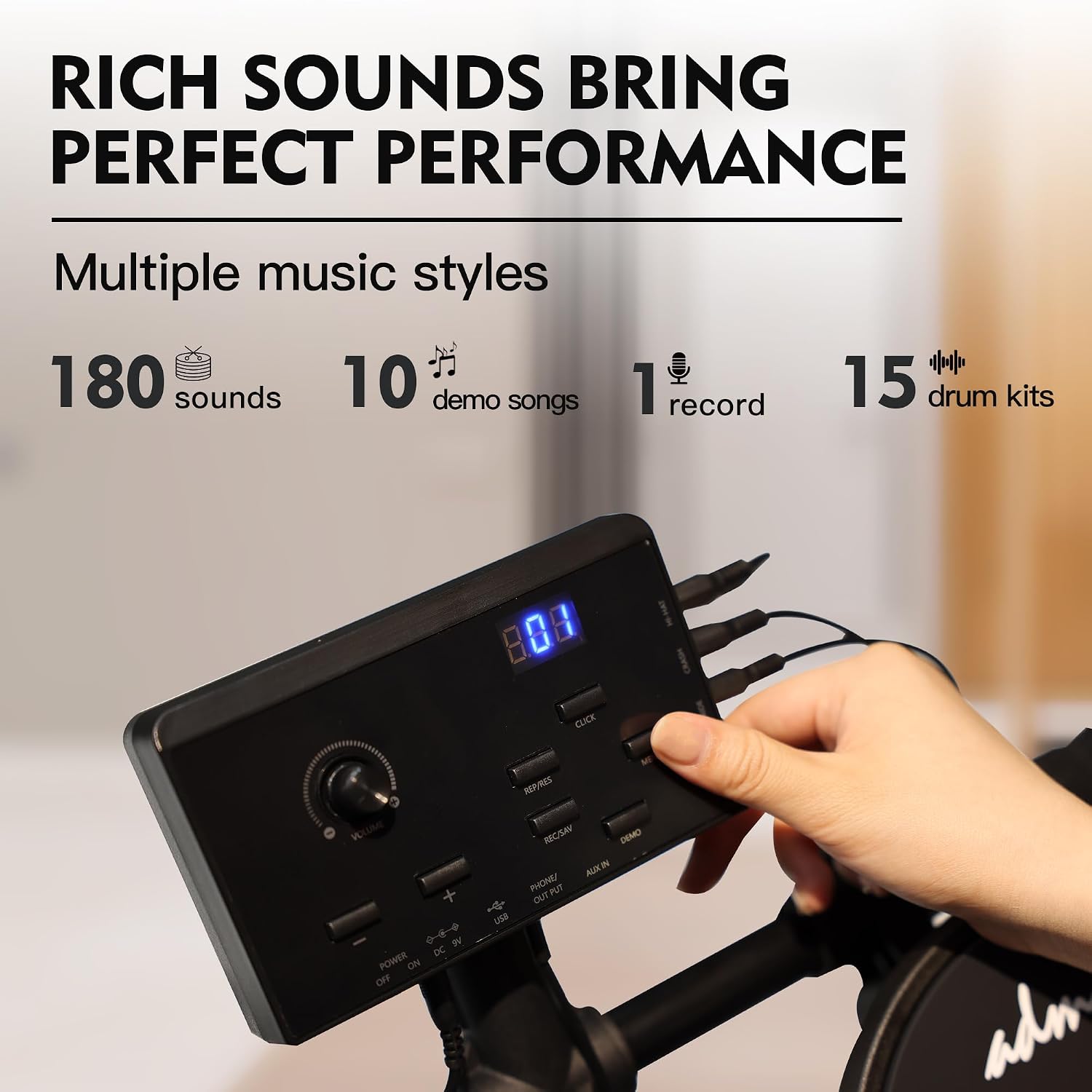 ADM Electronic Drum Set With 4 Quiet Electric Drum Silicone Pads, 180+ Sounds, Electric Drum Kit For Beginngers with 2 Switch Pedals, Throne, Headphones, DrumSticks, and Melodics Lessons