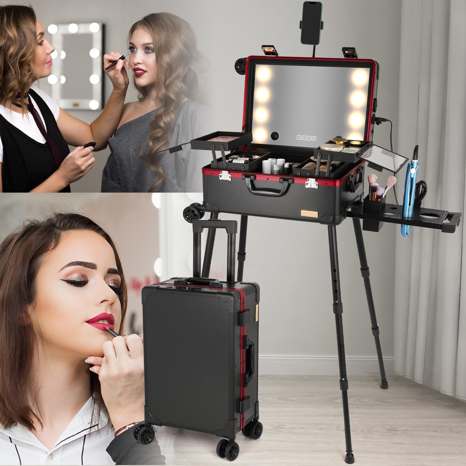 20' Aluminum Ligthed Makeup Train Case with LED Lights Professional Cosmetic Organizer Studio with Speaker, Wheels and Stands Rolling Trolley Makeup Vanity Station for Travel (Black)