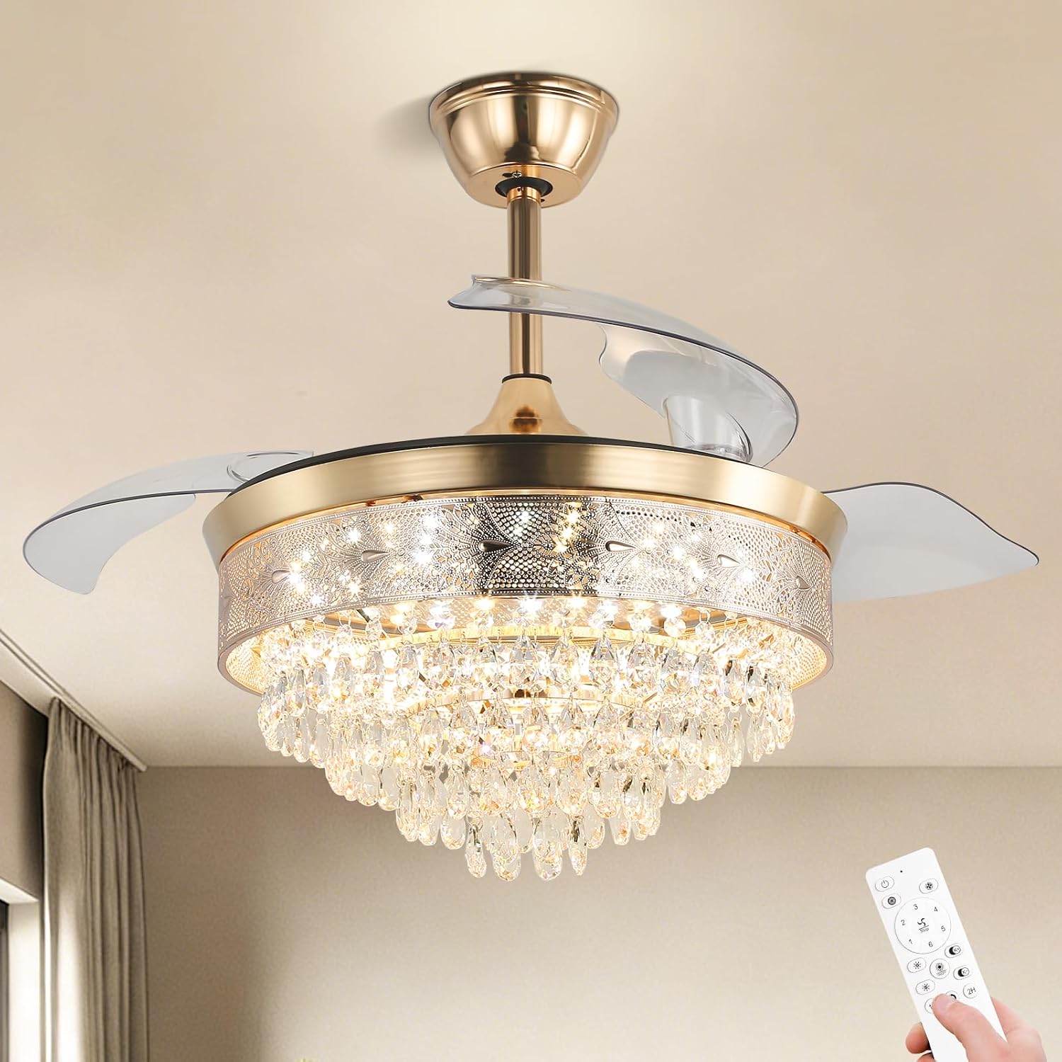 42' Gold Crystal Fandelier Ceiling Fan with Lights, Retractable Blades, Remote Dimmable LED, 3 CCT Color Temp, Memory, Reversible DC Motor, 6 Speed, Timer, Indoor Bedroom Living Room