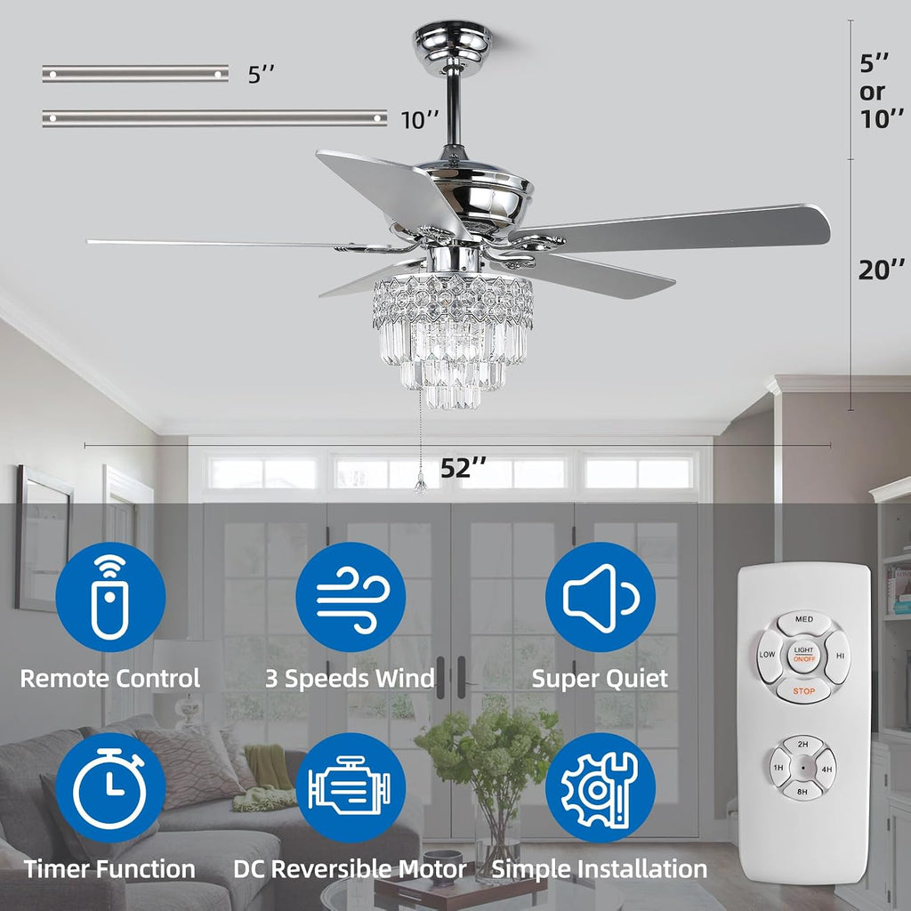 YYEHON 52″ Crystal Ceiling Fan with Lights and Remote Control, Modern Chandelier Fan with Dual Finish Reversible Blades, Quiet Indoor Fanderlier for Living Room, Dining Room, Bedroom. (Chrome)