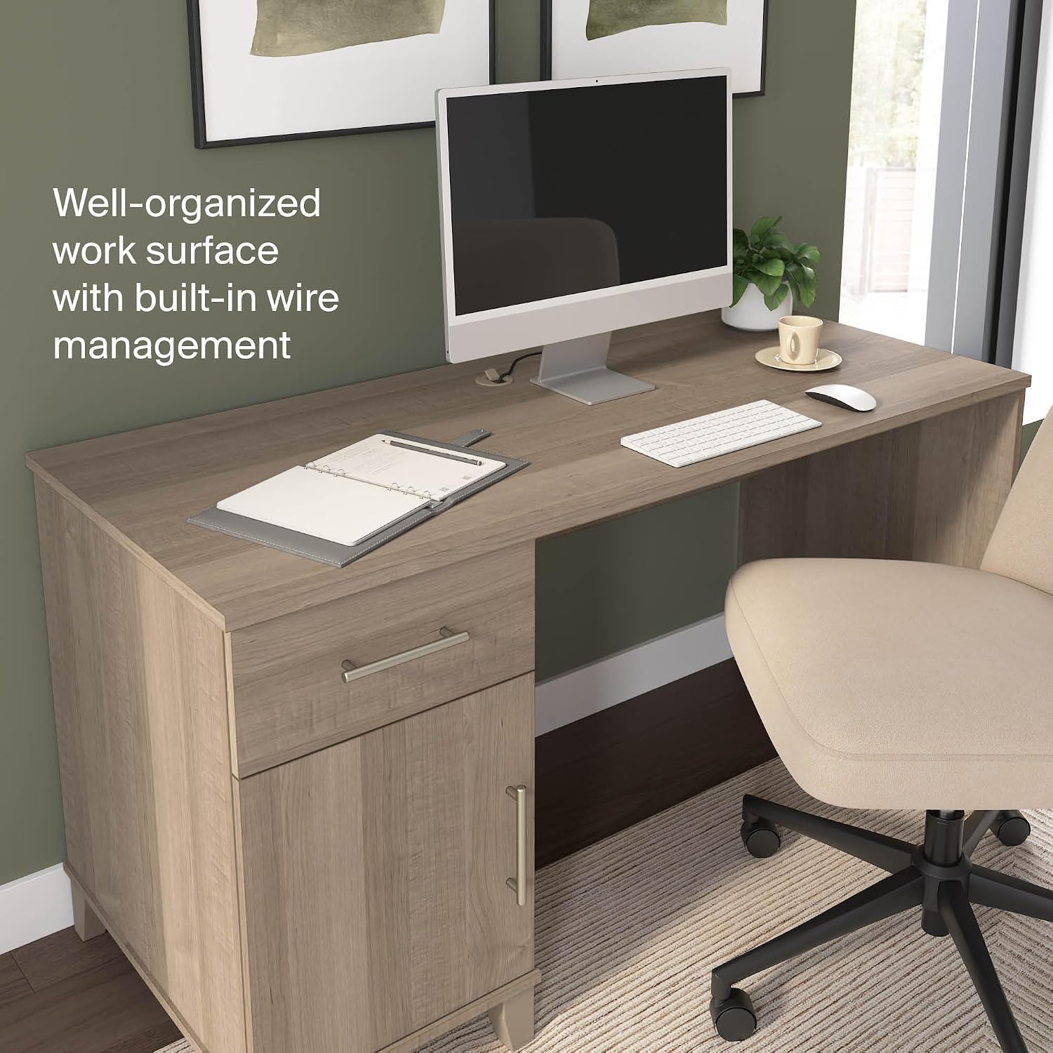 Bush Home 54-Inch Office Desk with Drawer and Storage Cabinet, Computer Desk with Box Drawer and Adjustable Shelf, Home Office Workstation Furniture, Somerset Collection, Ash Gray