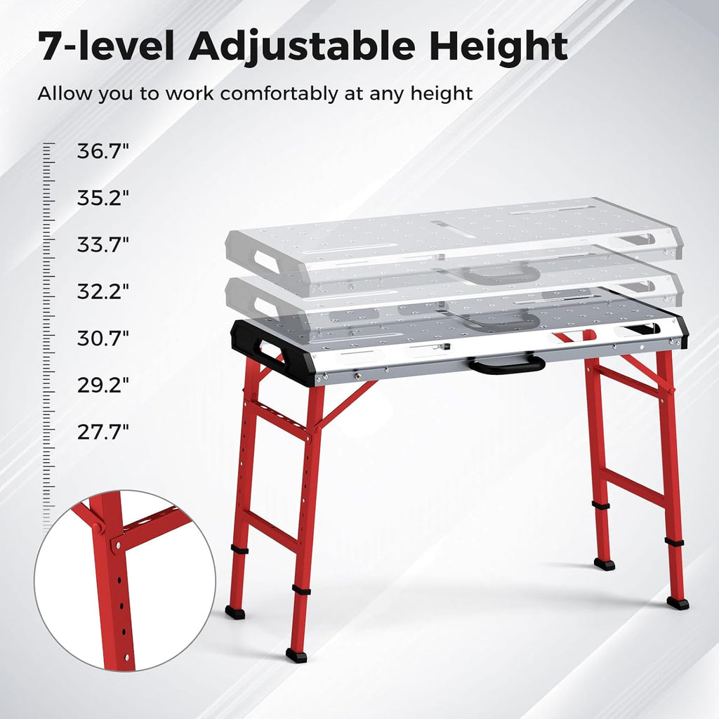Goplus Portable Welding Table, 42' x 21' Folding Height Adjustable Weld Table Top w/1000LBS Capacity, 2 Bar Clamps, 8 Tool Slots, Handle, 0.7' Holes, Heavy-Duty Workbench Fixture Table for Garage