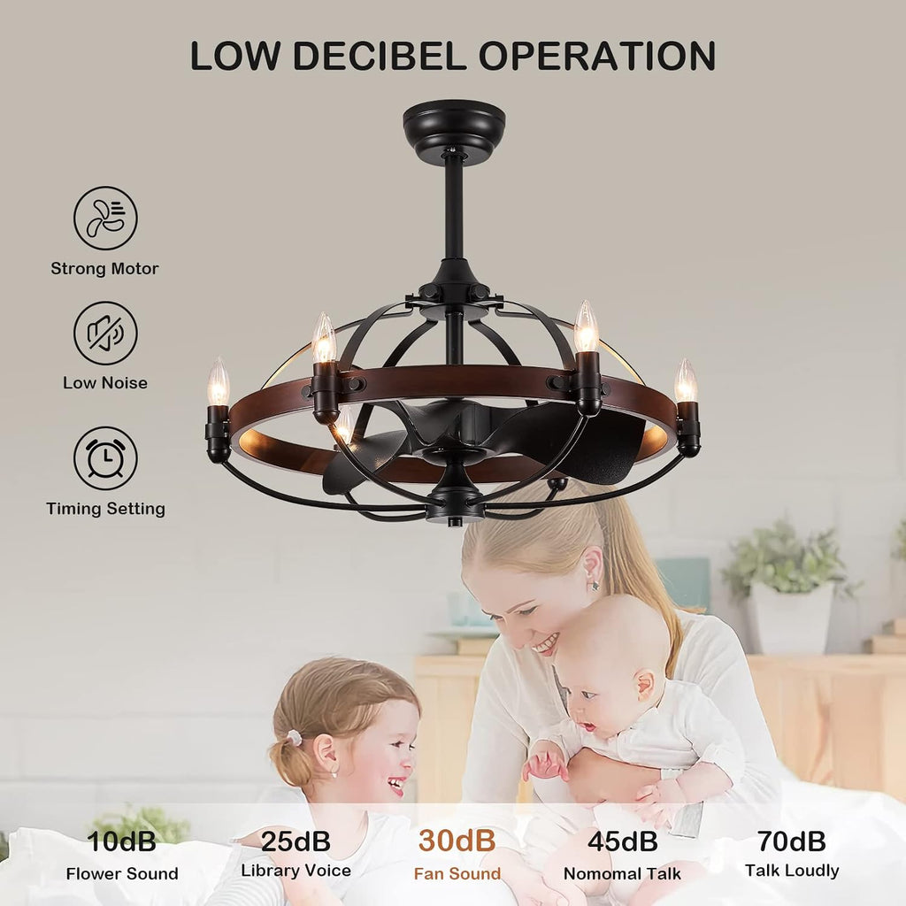 27-Inch Brown Walnut Farmhouse Style Chandelier Ceiling Fan with Light and Remote Control, Bladeless Motor for Bedroom, Kitchen, Living Room, Dining Room