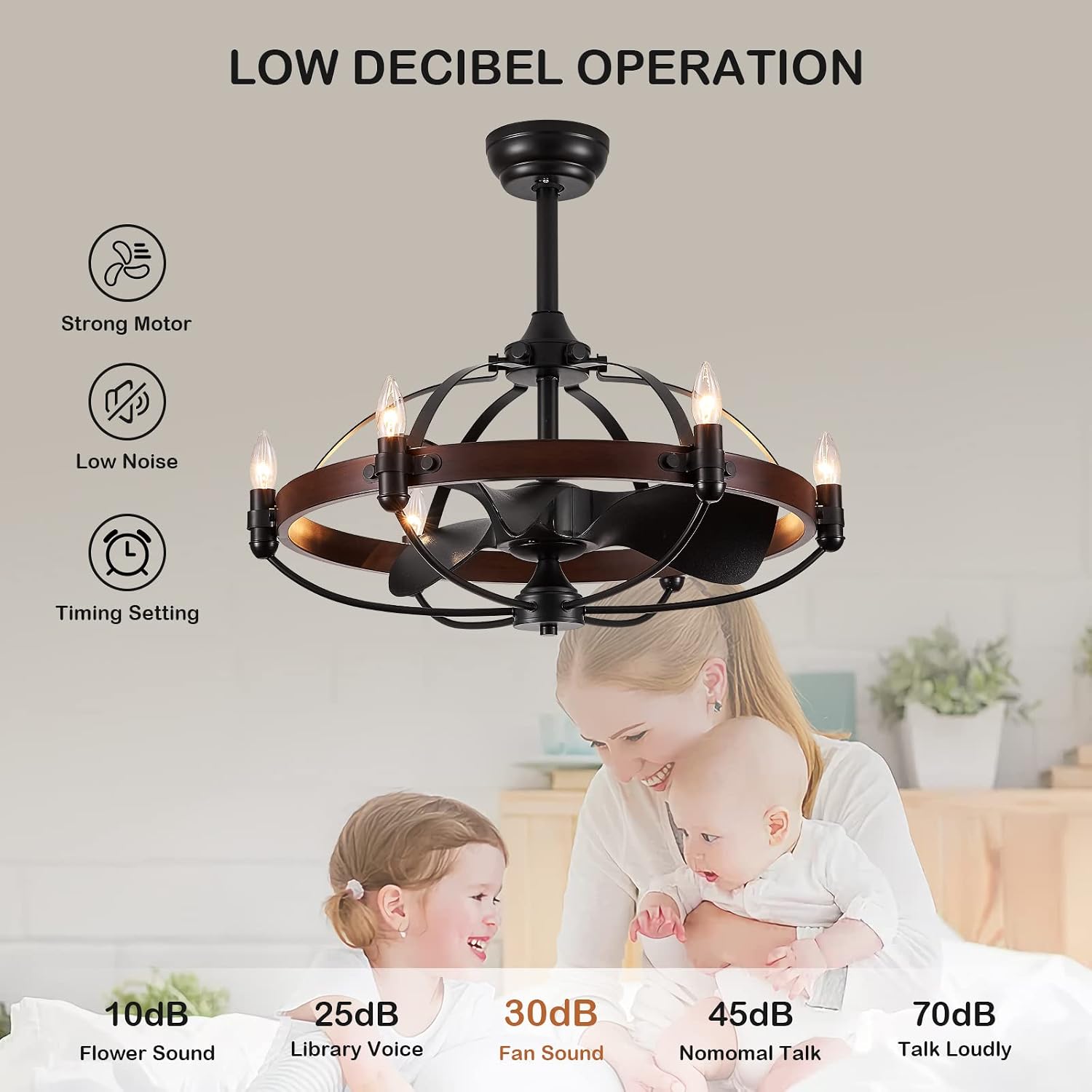 27-Inch Brown Walnut Farmhouse Style Chandelier Ceiling Fan with Light and Remote Control, Bladeless Motor for Bedroom, Kitchen, Living Room, Dining Room
