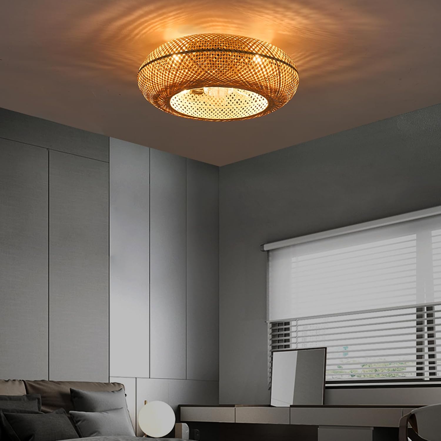 20' Boho Cage Ceiling Fan with Light and Remote Control, Low Profile Bamboo Ceiling Fan, Enclosed Timing 6 Speeds Reversible, for Bedrooms, Living Rooms, Kitchens, Farmhouses