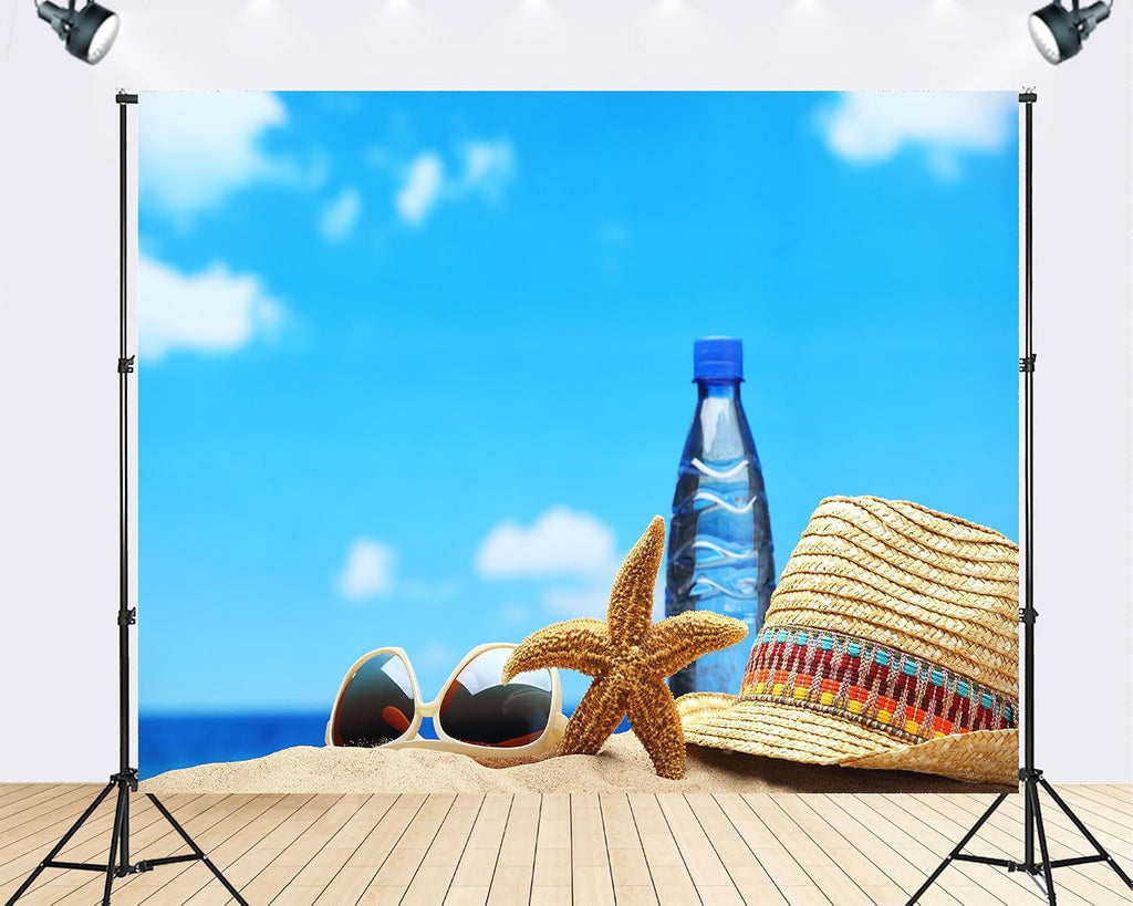 Trykid 20x10ft Beach Essentials Backdrop Straw Hat Starfish Sunglasses Clear Blue Sky Photography Background Vacation Luau Party Decoration Photo Booth Prop Fabric