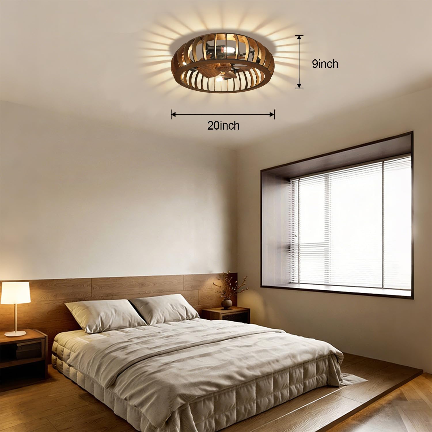 Wooden Ceiling Fans with Lights Flush Mount, 20 Inch Caged Low Profile Ceiling Fans with 3 Mode Lighting and Remote Control with E26 Bulbs for Bedroom, Nursery, Garage (Brown (Wood))