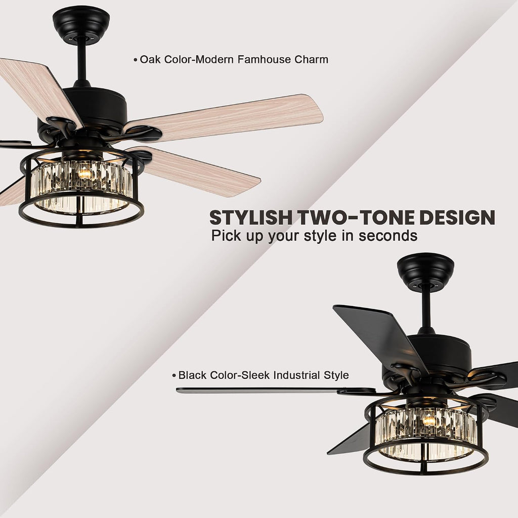 Dawn Whisper 52 Inch Chandelier Ceiling Fans with Lights and Remote Quiet and Reversible DC Motor Black Caged Modern Ceiling Fan for Bedroom Living Room