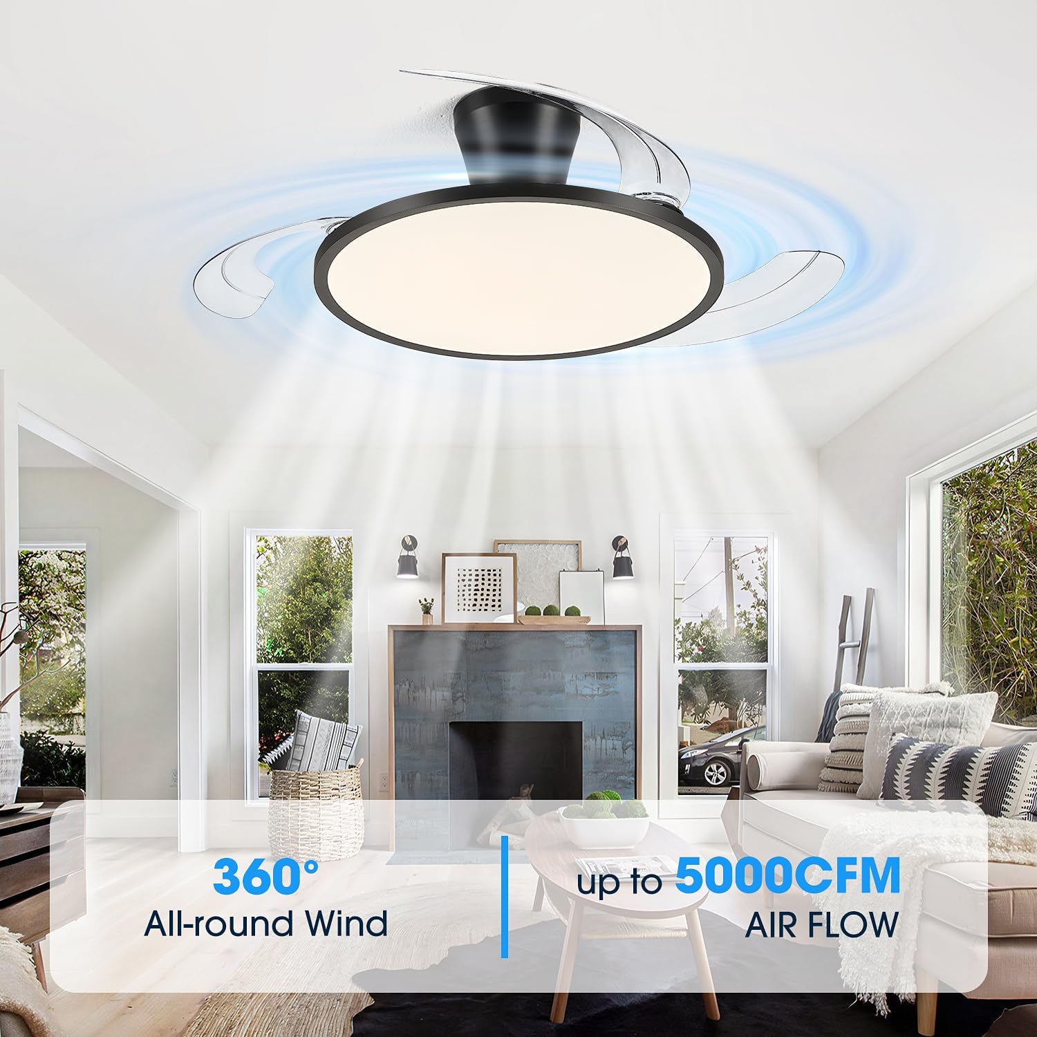 42' Retractable Ceiling Fan with Light, Slim Fandelier Ceiling Fans with Remote & App Control, Full Spectrum, Low Profile Modern Ceiling Fan for Bedroom Living Room Kitchen, Black