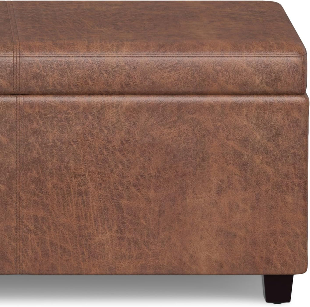 SIMPLIHOME Avalon Extra Large Storage Ottoman Bench - 54 inch Wide Upholstered Vegan Leather Rectangular Lift-Top Ottoman in Distressed Saddle Brown, Contemporary Bench for Living Room with Storage