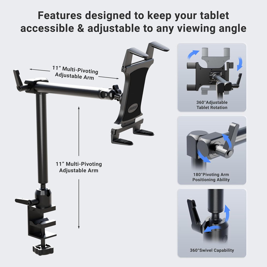 ARKON Mounts Heavy-Duty Tablet Mount with Clamp | Universal Tablet Holder | Strong C-Clamp | Multi-Angle Arm | Compatible with iPad Pro, Mini, Surface Pro, Samsung Tablets, and more