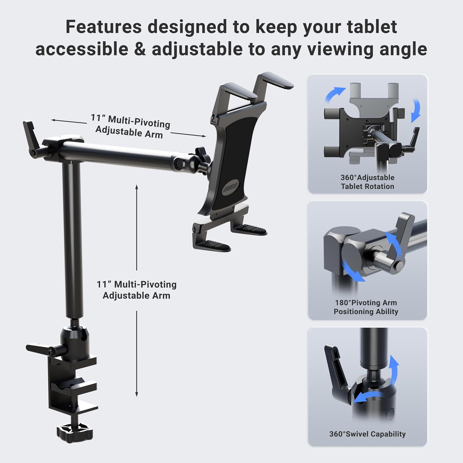 ARKON Mounts Heavy-Duty Tablet Mount with Clamp | Universal Tablet Holder | Strong C-Clamp | Multi-Angle Arm | Compatible with iPad Pro, Mini, Surface Pro, Samsung Tablets, and more