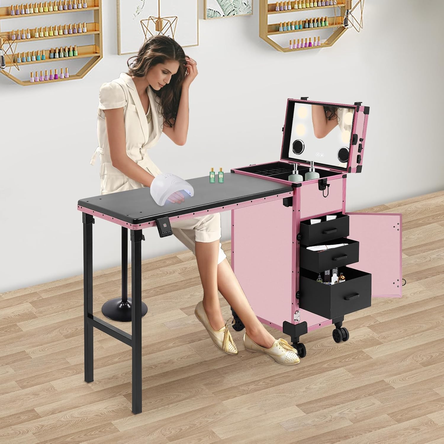 Professional Rolling Makeup Case, Foldable Nail Tables with Detachable Lighted Mirror, Travel Cosmetic Trolley Storage Organizer with Drawers & Bluetooth Speaker, Manicure for Artist (Black, Pink)