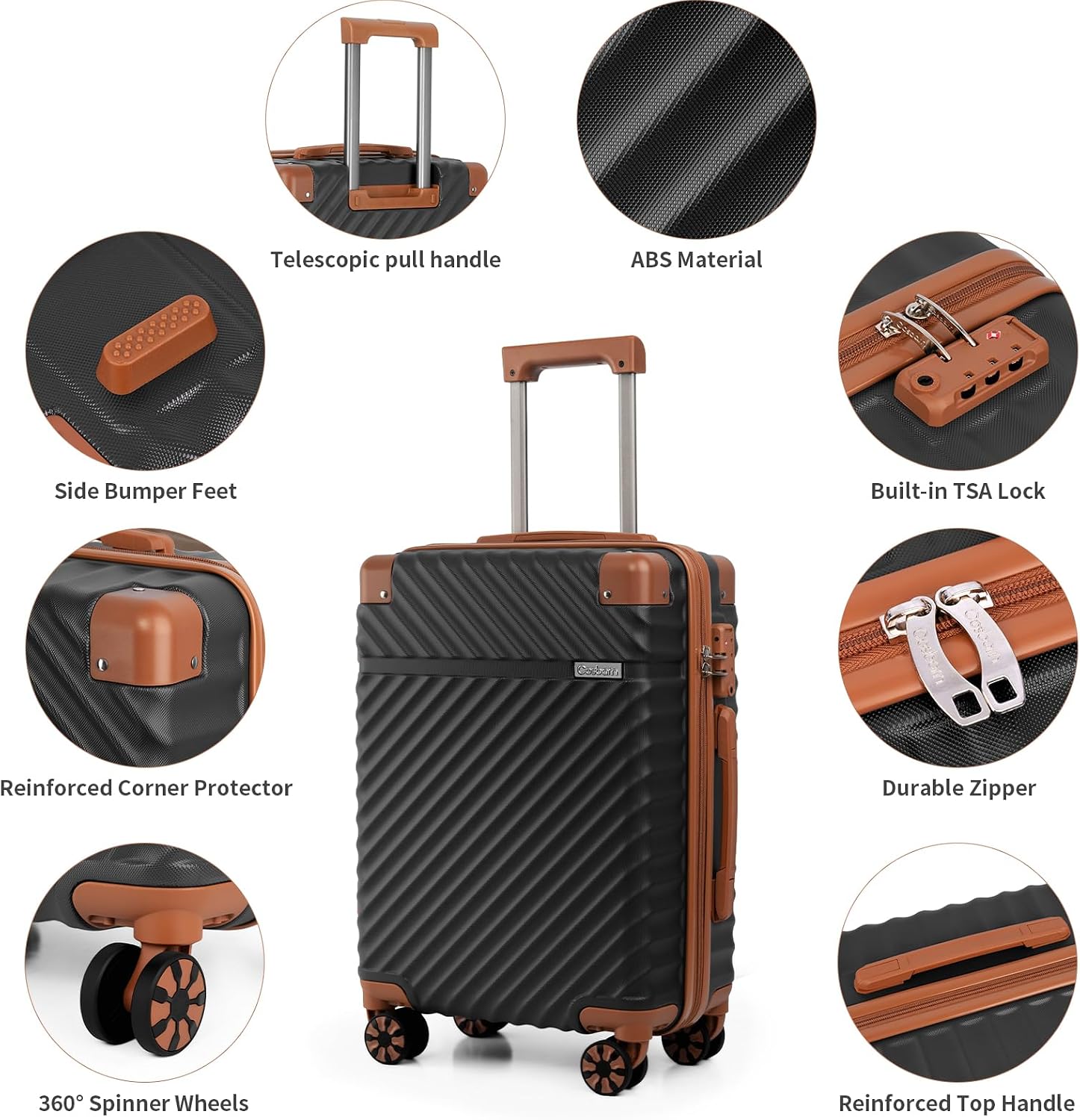 Cosbarn Luggage Sets 5 Piece with TSA Lock Spinner Wheels, Unisex Hard Case ABS Suitcase Set, Hardshell Lightweight Waterproof Travel Hardside Suitcases with Wheels for Women Men, Black