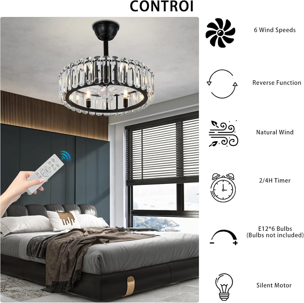 FRIXCHUR Crystal Caged Ceiling Fan with Lights and Remote 20.7 Inch Black Fandelier Semi Flush Mount 6 Speed Reversible Chandelier for Dining Bedroom Living Room Kitchen E12 x 6 Bulbs Not Included
