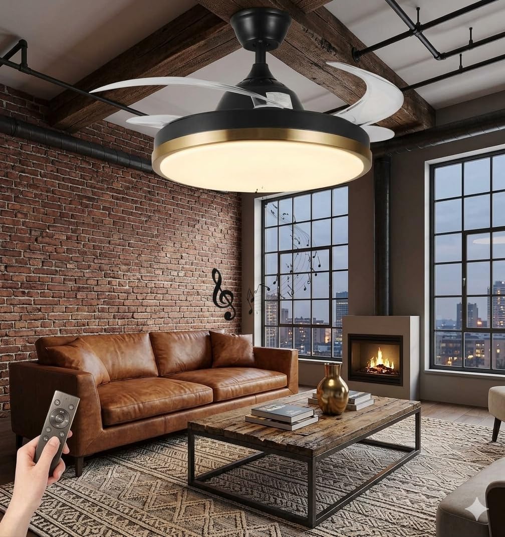 42' Retractable Ceiling Fan with Lights & Bluetooth Speaker Color Changing LED,Black and Gold, Alexa and Google App Control,Invisible Blades, Dimmable Fandelier Chandelier with Remote Control