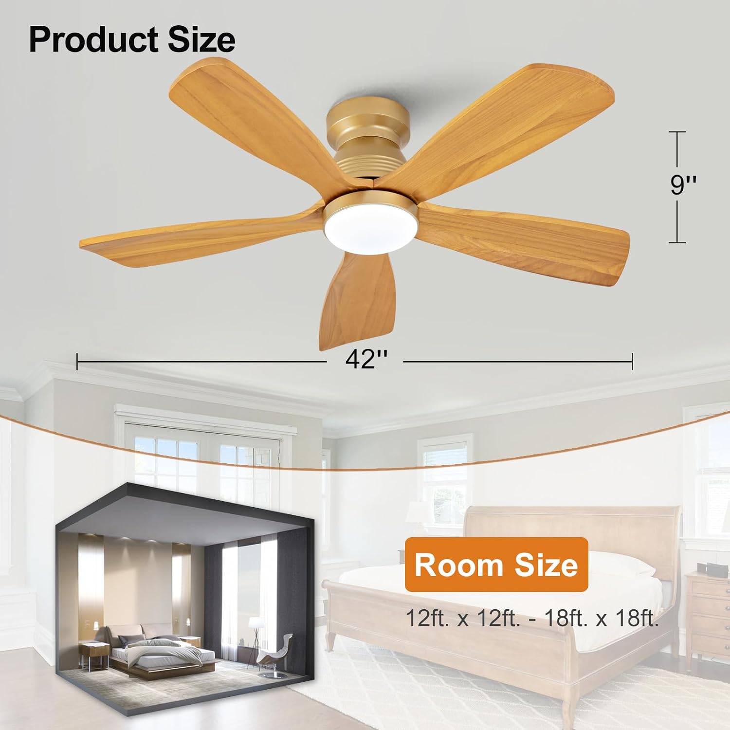 42 Inch Flush Mount Ceiling Fans with Lights and Remote, Dimmable, 5 Blades Wood Ceiling Fan with Light, Low Profile Outdoor Indoor Modern Ceiling Fan for Bedroom Patio (Gold)