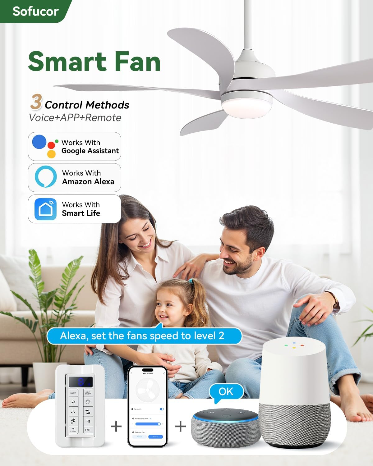 Sofucor 52' Smart Ceiling Fan, Indoor/Outdoor White Ceiling Fans with Lights and Remote, Works with Alexa/Google/App, 3-Color Light 6-Speed Timing Reversible DC Motor for Bedroom Living Room Patio
