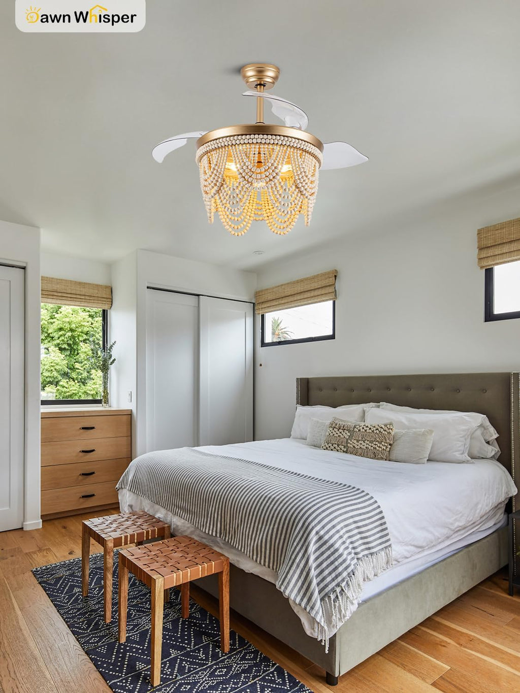 Dawn Whisper Gold Retractable Ceiling Fan with Lights 42 Inch Wood Beaded Boho Chandelier with Fan Farmhouse Style Fandelier for Bedroom Living Room