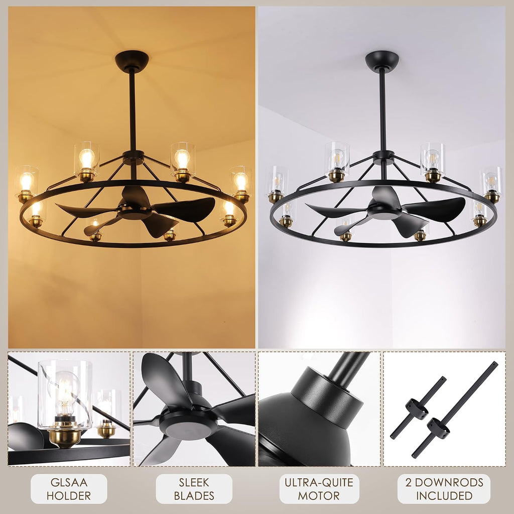 44 inch Ceiling Fans with Lights Wagon Wheel Chandelier, Farmhouse Fandelier Black Gold Fans with Glass Lampshade Light Fixture,App control,6 Speed,Timing,Adjustable Height for Dining Room Living Room