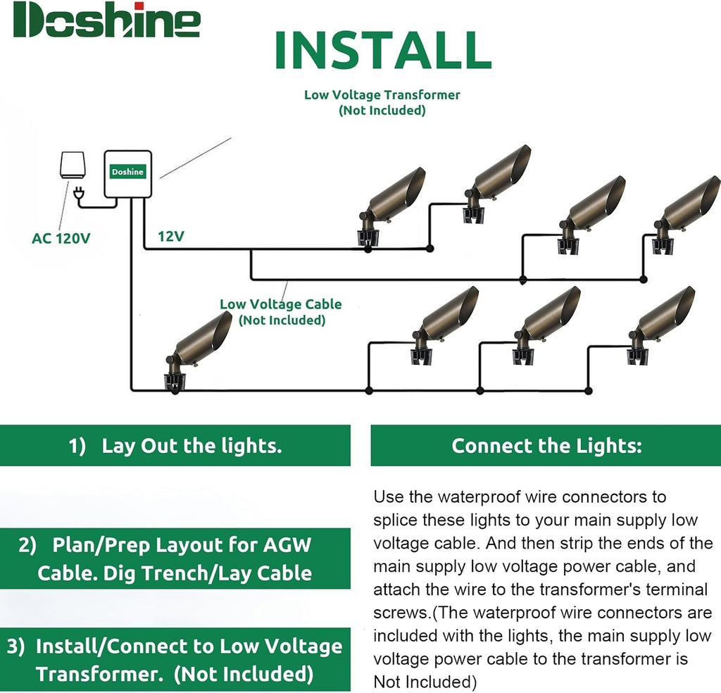 DOSHINE® Solid Brass Landscape LED Spotlights Outdoor Low Voltage Landscape Lighting AC/DC 12V Uplight Accent Light for Tree Garden Yard with Replaceable 5W 3000K Warm White 560LM MR16 Bulb (6-Pack)