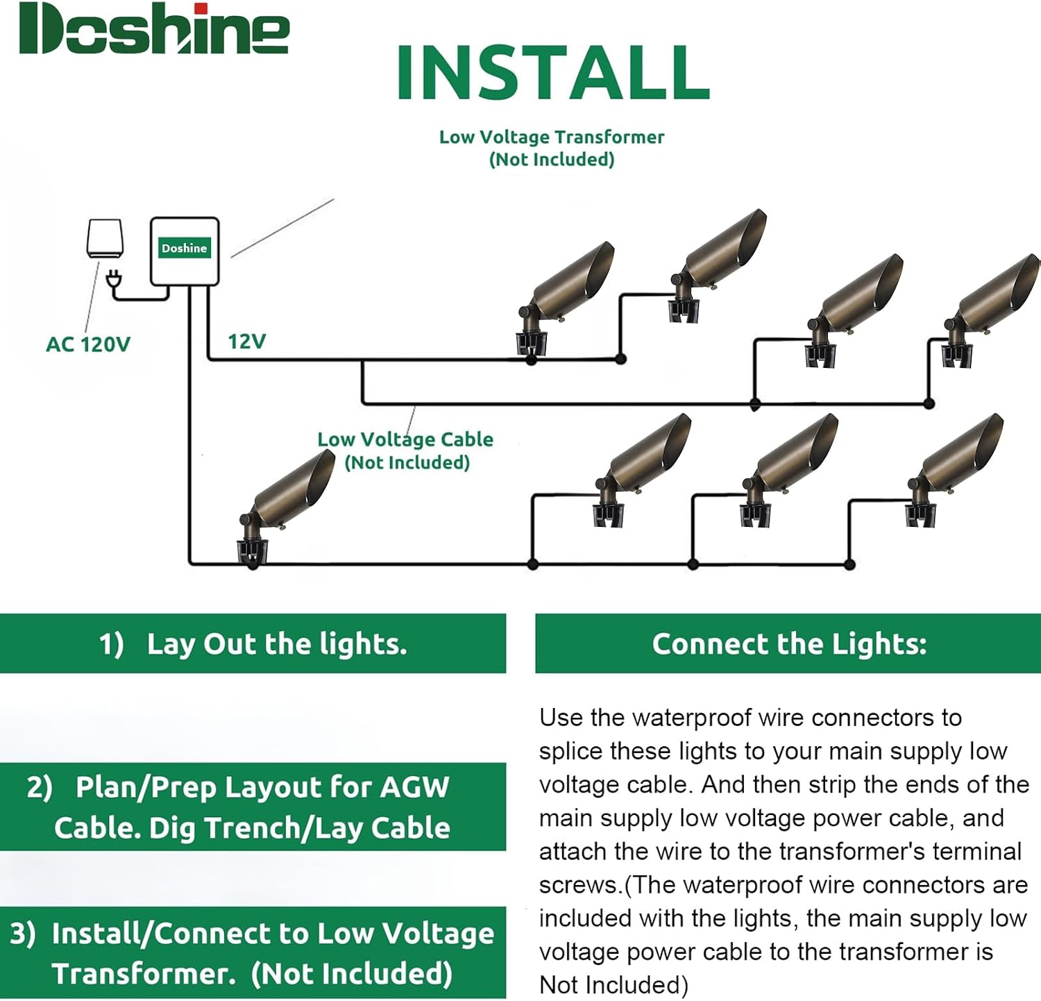 DOSHINE® Solid Brass Landscape LED Spotlights Outdoor Low Voltage Landscape Lighting AC/DC 12V Uplight Accent Light for Tree Garden Yard with Replaceable 5W 3000K Warm White 560LM MR16 Bulb (6-Pack)